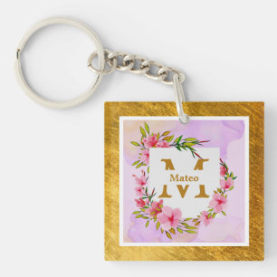 Watercolor Flower Gold Frame   Custom Name Key Ring