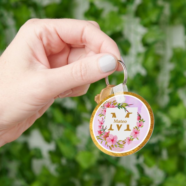 Watercolor Flower Gold Frame | Custom Name Key Ring (Hand)