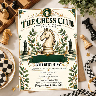 Watercolor flower green Chess Club Birthday Party Invitation