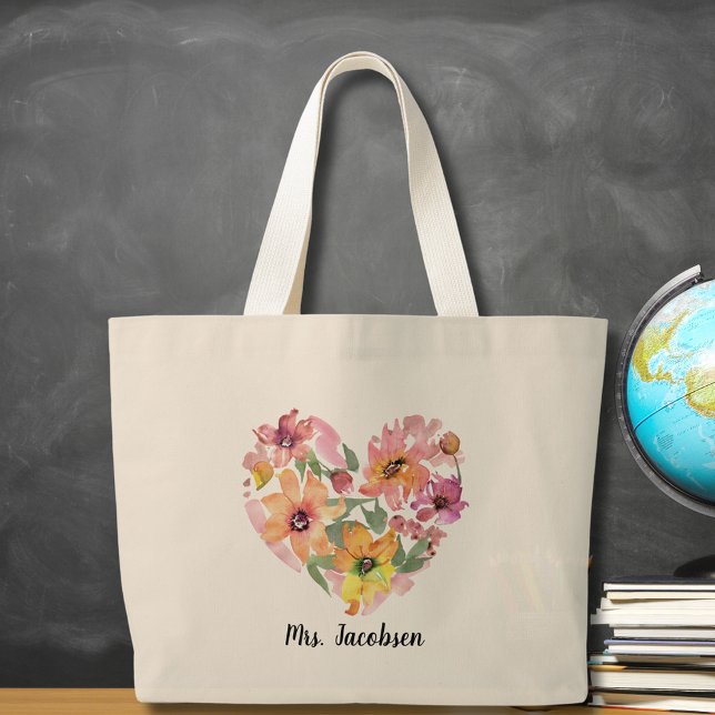 Watercolor Flower Heart Teacher Appreciation  Large Tote Bag (Watercolor Flower Heart Teacher Appreciation Large Tote Bag
)