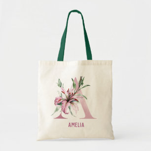 Watercolor Flower Lily And PInk Letter A Tote Bag