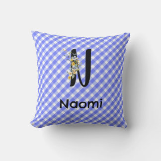 Watercolor flower Monogram gingham blue pattern Cushion