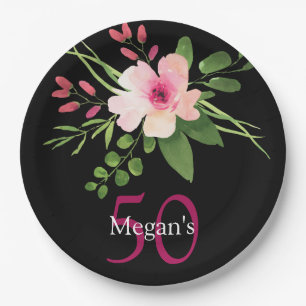 Watercolor Flower, Name, Birthday, Age on Black Paper Plate
