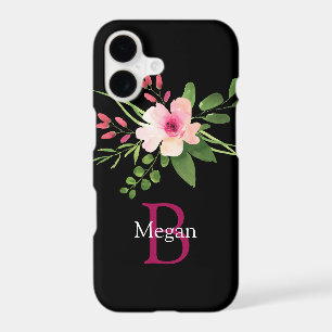 Watercolor Flower, Name & Monogram on Black