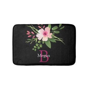 Watercolor Flower, Name & Monogram on Black Bath Mat