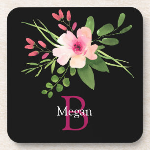 Watercolor Flower, Name & Monogram on Black Coaster