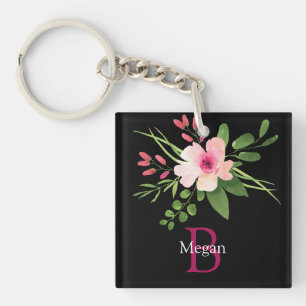 Watercolor Flower, Name & Monogram on Black Key Ring