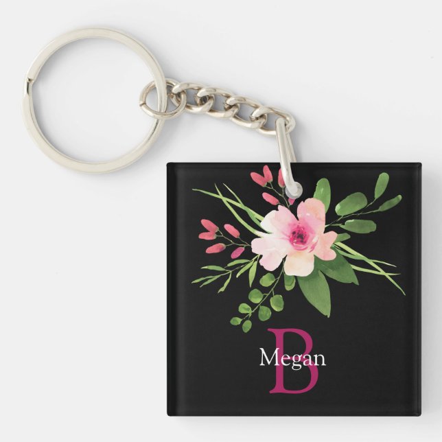 Watercolor Flower, Name & Monogram on Black Key Ring (Front)
