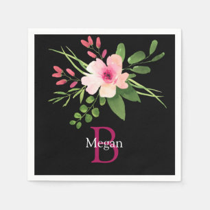 Watercolor Flower, Name & Monogram on Black Napkin