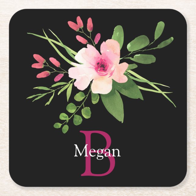 Watercolor Flower, Name & Monogram on Black Square Paper Coaster (Front)