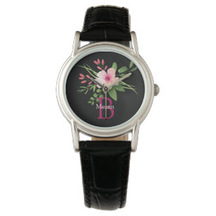 Watercolor Flower, Name & Monogram on Black Watch