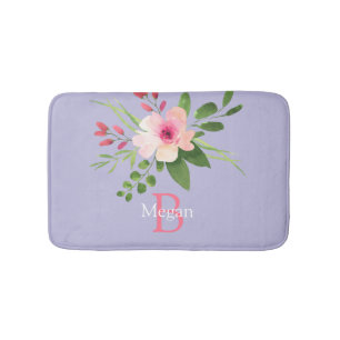 Watercolor Flower, Name & Monogram on Lavender Bath Mat