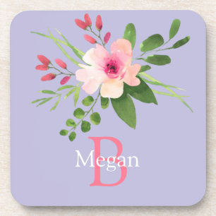Watercolor Flower, Name & Monogram on Lavender Coaster