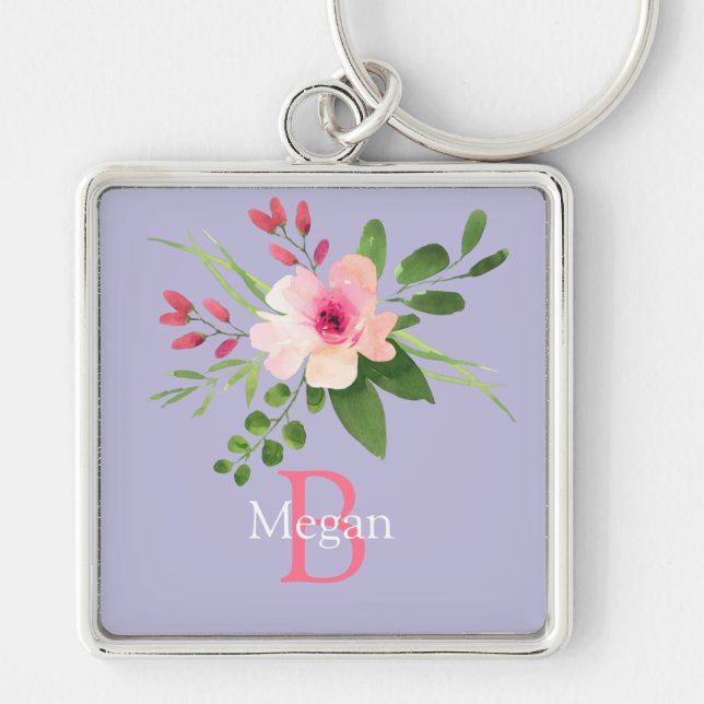 Watercolor Flower, Name & Monogram on Lavender Key Ring (Front)