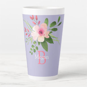 Watercolor Flower, Name & Monogram on Lavender Latte Mug