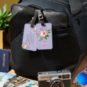 Watercolor Flower, Name & Monogram on Lavender Luggage Tag