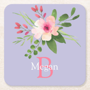 Watercolor Flower, Name & Monogram on Lavender Square Paper Coaster