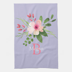 Watercolor Flower, Name & Monogram on Lavender Tea Towel