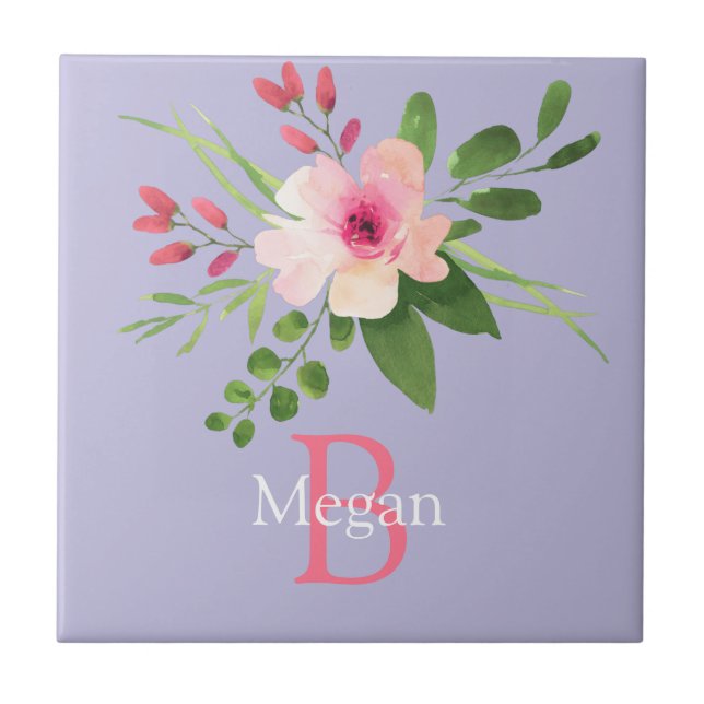 Watercolor Flower, Name & Monogram on Lavender Tile (Front)