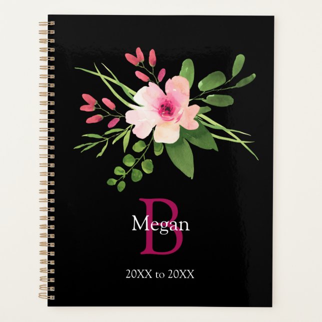 Watercolor Flower, Name & Monogram, Years on Black Planner (Front)