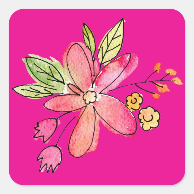 Watercolor Flower On Neon Pink Square Sticker (Front)