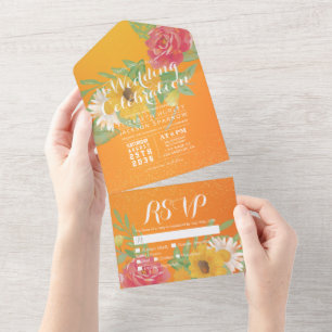 Watercolor Flower Orange Gold Glitter Wedding RSVP All In One Invitation