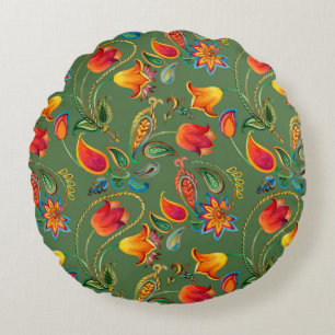 Watercolor flower paisley pattern round cushion