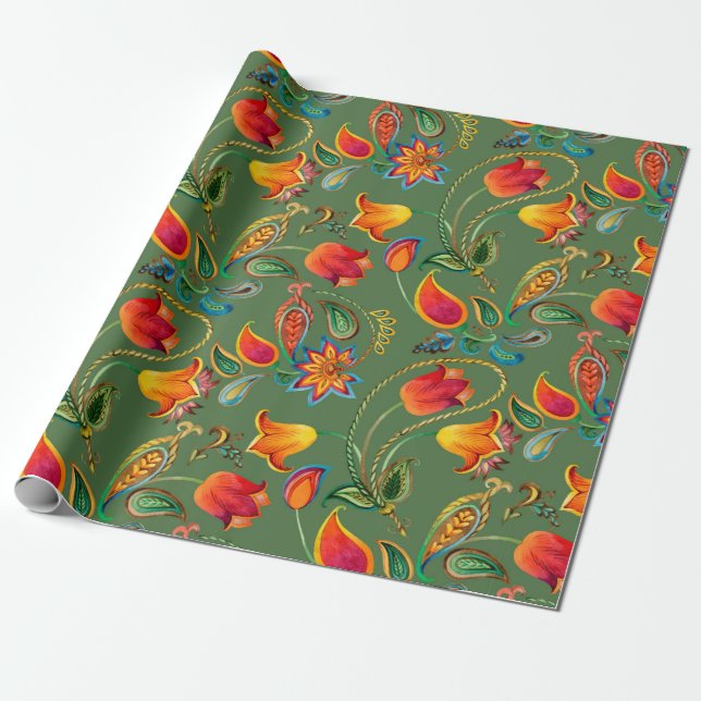 Watercolor flower paisley pattern wrapping paper (Unrolled)