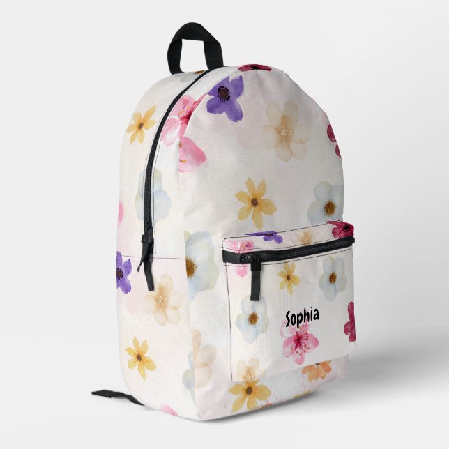 Watercolor Flower Pattern & Soft Pastel Background Printed Backpack (Back Corner Left)