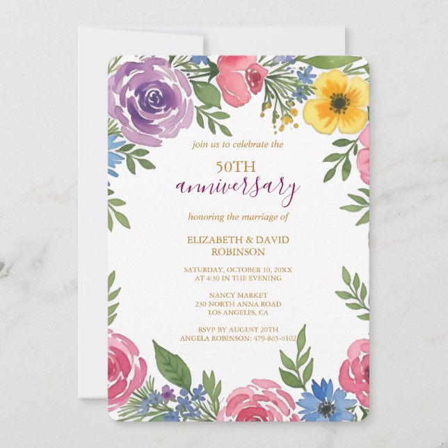 watercolor flower renewal 50th anniversary wedding invitation (Front)