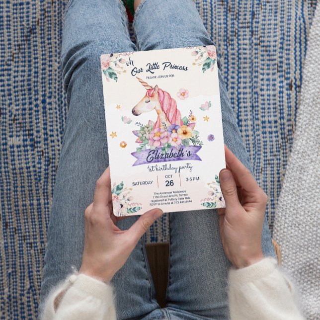 Watercolor Flower Unicorn Girl Birthday Invitation (Watercolor Flower Unicorn Girl Birthday Invitation)