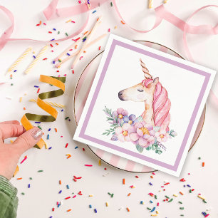 Watercolor Flower Unicorn Girl Birthday Party Napkin