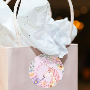 Watercolor Flower Unicorn Girl Thank You Classic Round Sticker