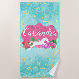 Watercolor Flower Unicorn Pink Blue Girls Name Beach Towel