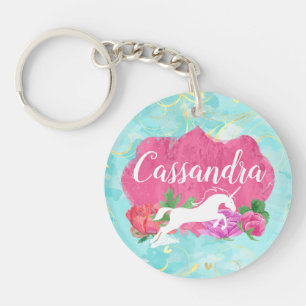 Watercolor Flower Unicorn Pink Blue Girls Name Key Ring