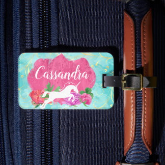 Watercolor Flower Unicorn Pink Blue Girls Name Luggage Tag