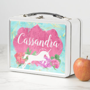 Watercolor Flower Unicorn Pink Blue Girls Name Metal Lunch Box