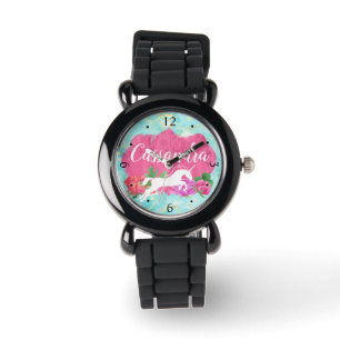 Watercolor Flower Unicorn Pink Blue Girls Name Watch