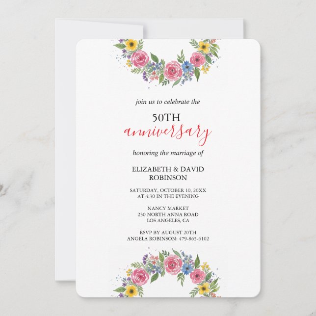 watercolor flower unique 50th anniversary wedding invitation (Front)