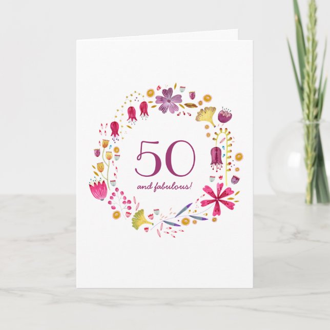 Watercolor Flower Wreath 50th Birthday Card (Front)