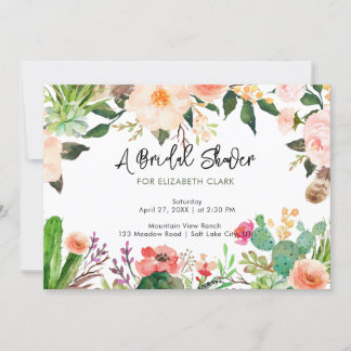 Watercolor Flowering Cactus Bridal Shower Invitation