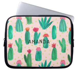 Watercolor Flowering Cactus Pattern Personalised Laptop Sleeve