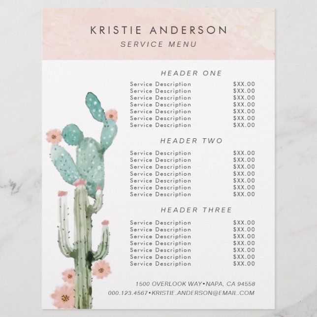 Watercolor Flowering Cactus Pricing & Services Flyer (Front)