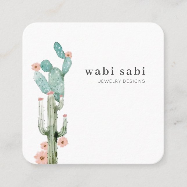 Watercolor Flowering Cactus Social Media Square Business Card (Front)