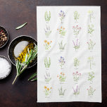 Watercolor Flowering Herbs Tea Towel<br><div class="desc">Kitchen towel featuring watercolor illustrations of flowering herbs.  Herbs include basil,  borage,  chamomile,  dill,  lavender,  nasturtium,  oregano,  parsley,  marigold,  rosemary,  sage and thyme.</div>