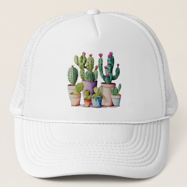 Watercolor flowering pink cactus succulents  trucker hat (Front)