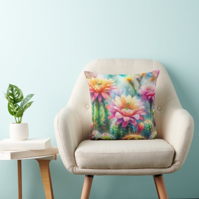Watercolor Flowering Succulent Cacti Cushion (Chair)