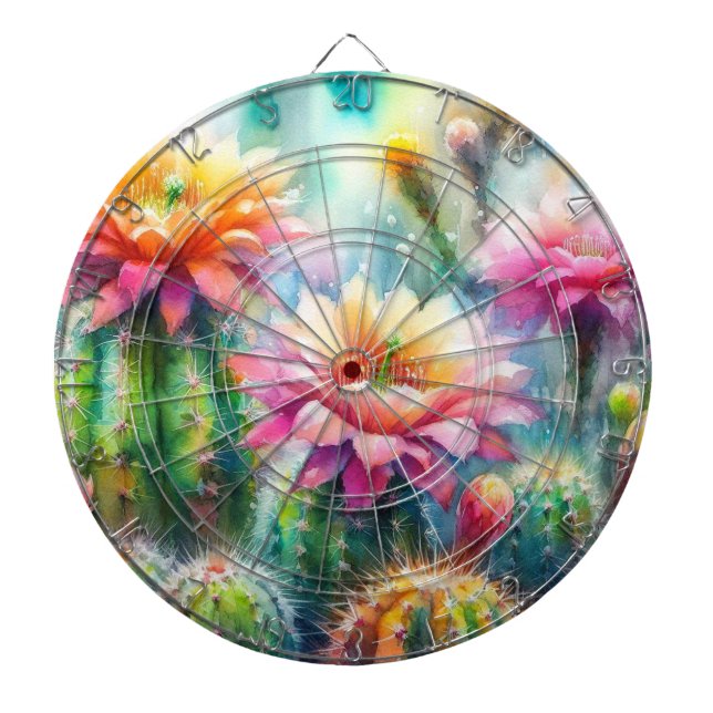Watercolor Flowering Succulent Cacti Dartboard (Front)