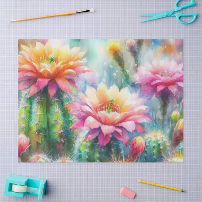 Watercolor Flowering Succulent Cacti Decoupage Tissue Paper (Craft)