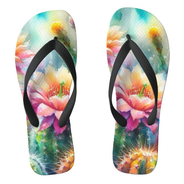 Watercolor Flowering Succulent Cacti Flip Flops (Footbed)